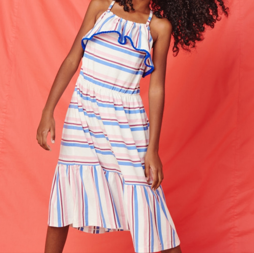Tea Collection Helena cross back striped midi dress fringe sz 2 white pink blue